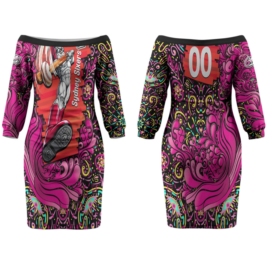 Personalized Sydney Sixers Cricket Couples Matching Off The Shoulder Long Sleeve Dress and Long Sleeve Button Shirt Hippie Psychedelic Pattern Vibrant Mandala Art Style