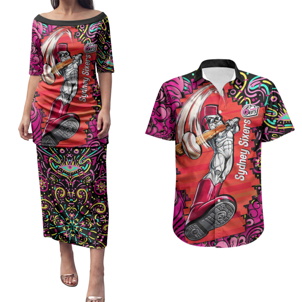 Personalized Sydney Sixers Cricket Couples Matching Puletasi and Hawaiian Shirt Hippie Psychedelic Pattern Vibrant Mandala Art Style