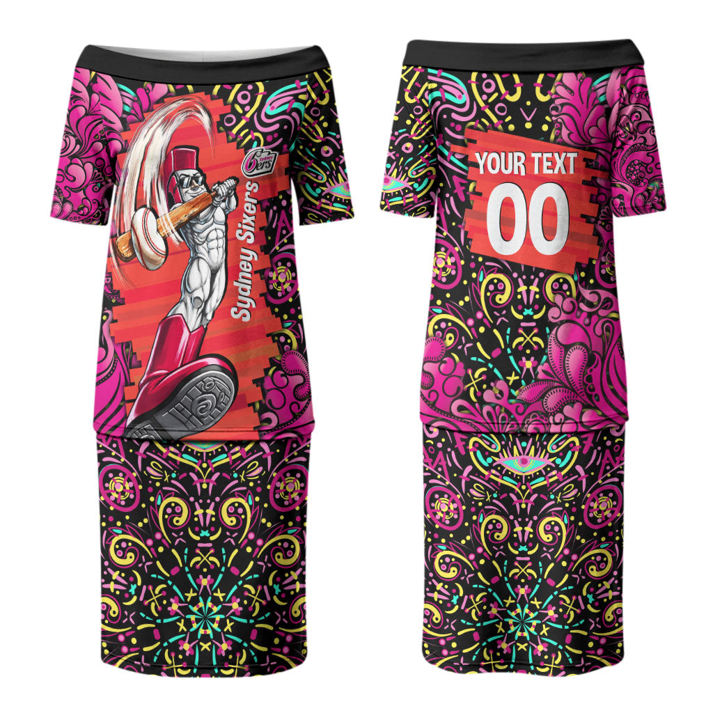 Personalized Sydney Sixers Cricket Couples Matching Puletasi and Long Sleeve Button Shirt Hippie Psychedelic Pattern Vibrant Mandala Art Style