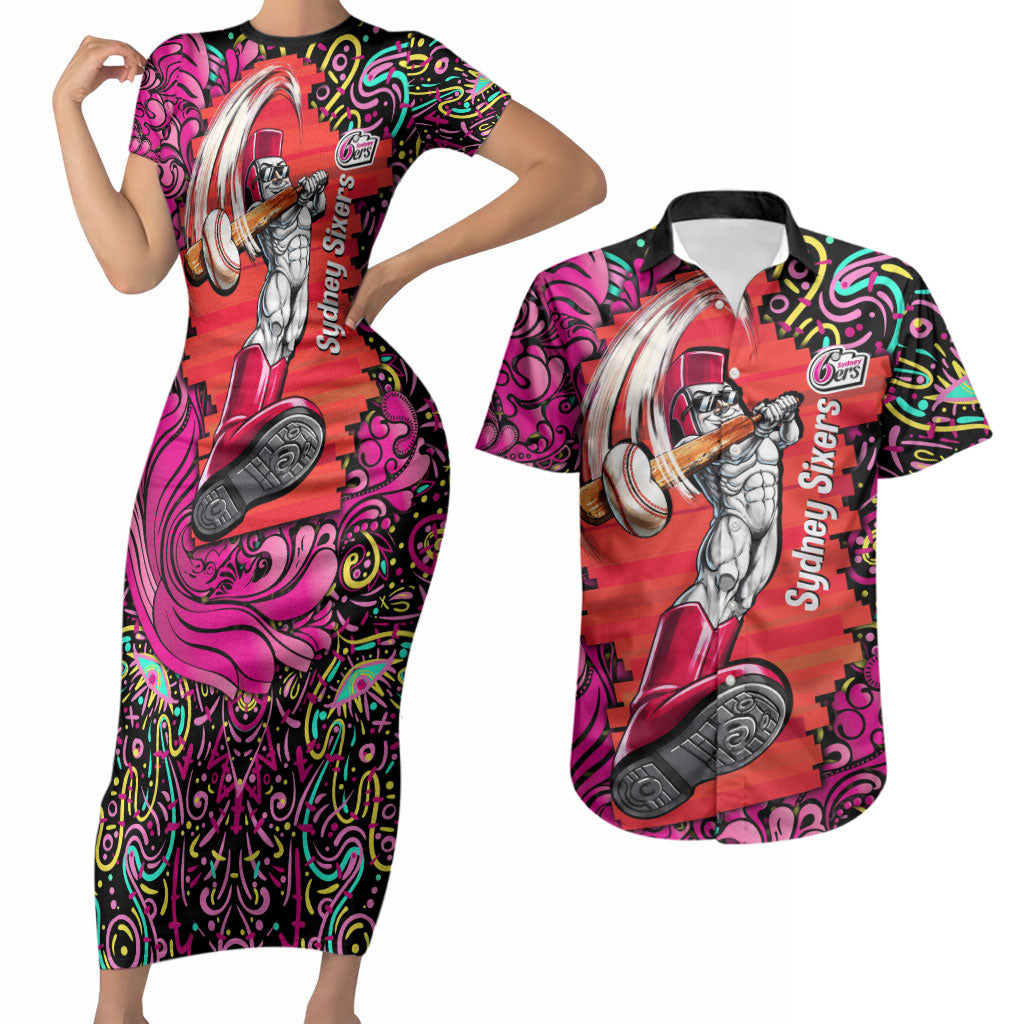 Personalized Sydney Sixers Cricket Couples Matching Short Sleeve Bodycon Dress and Hawaiian Shirt Hippie Psychedelic Pattern Vibrant Mandala Art Style