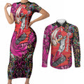 Personalized Sydney Sixers Cricket Couples Matching Short Sleeve Bodycon Dress and Long Sleeve Button Shirt Hippie Psychedelic Pattern Vibrant Mandala Art Style