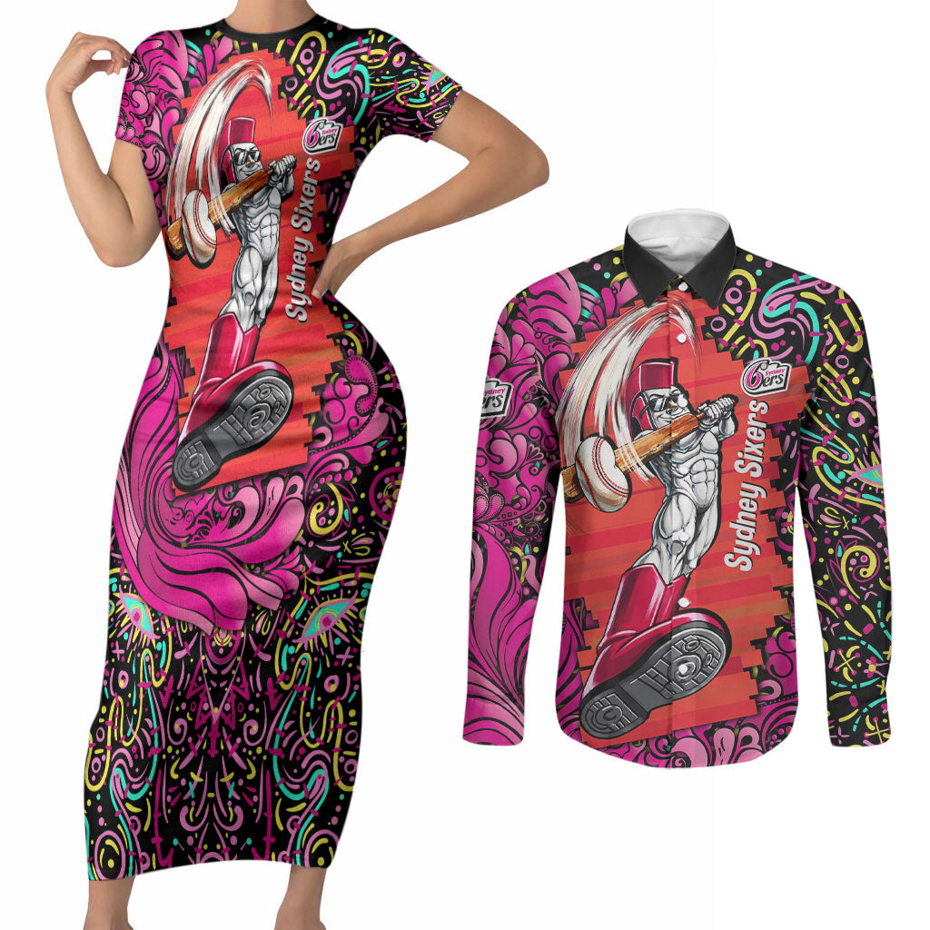 Personalized Sydney Sixers Cricket Couples Matching Short Sleeve Bodycon Dress and Long Sleeve Button Shirt Hippie Psychedelic Pattern Vibrant Mandala Art Style