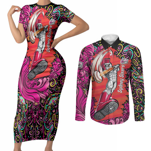 Personalized Sydney Sixers Cricket Couples Matching Short Sleeve Bodycon Dress and Long Sleeve Button Shirt Hippie Psychedelic Pattern Vibrant Mandala Art Style