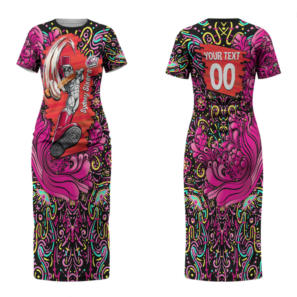 Personalized Sydney Sixers Cricket Couples Matching Short Sleeve Bodycon Dress and Long Sleeve Button Shirt Hippie Psychedelic Pattern Vibrant Mandala Art Style
