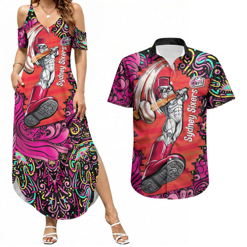 Personalized Sydney Sixers Cricket Couples Matching Summer Maxi Dress and Hawaiian Shirt Hippie Psychedelic Pattern Vibrant Mandala Art Style