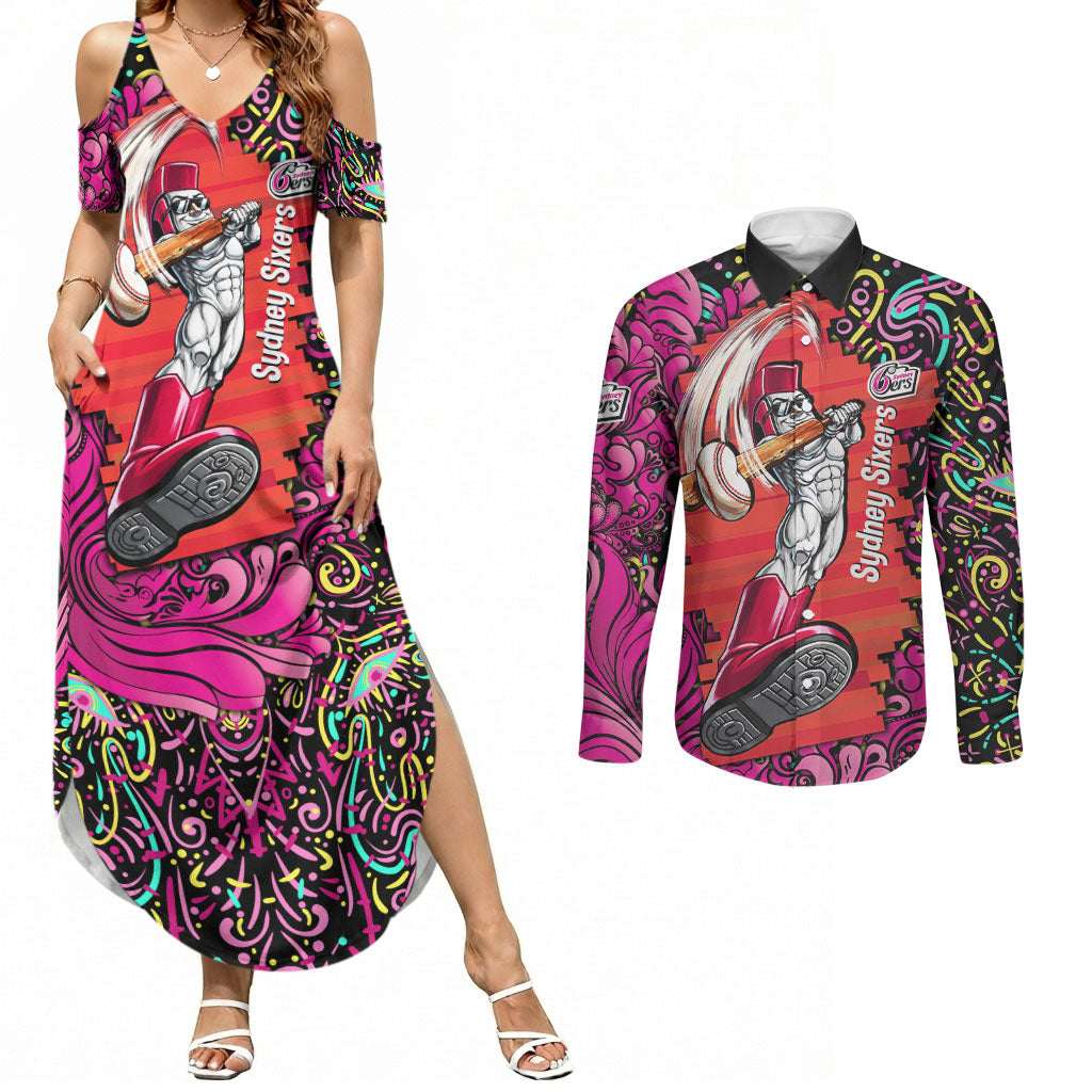 Personalized Sydney Sixers Cricket Couples Matching Summer Maxi Dress and Long Sleeve Button Shirt Hippie Psychedelic Pattern Vibrant Mandala Art Style