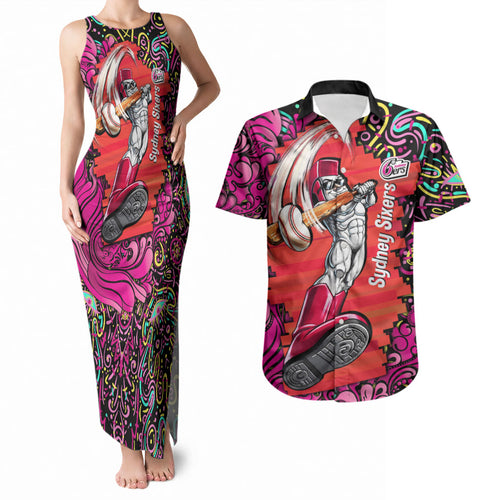 Personalized Sydney Sixers Cricket Couples Matching Tank Maxi Dress and Hawaiian Shirt Hippie Psychedelic Pattern Vibrant Mandala Art Style