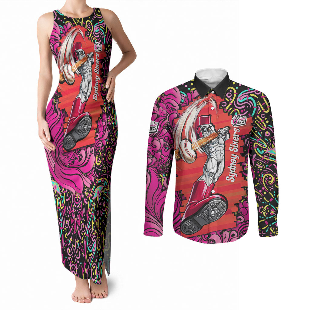 Personalized Sydney Sixers Cricket Couples Matching Tank Maxi Dress and Long Sleeve Button Shirt Hippie Psychedelic Pattern Vibrant Mandala Art Style