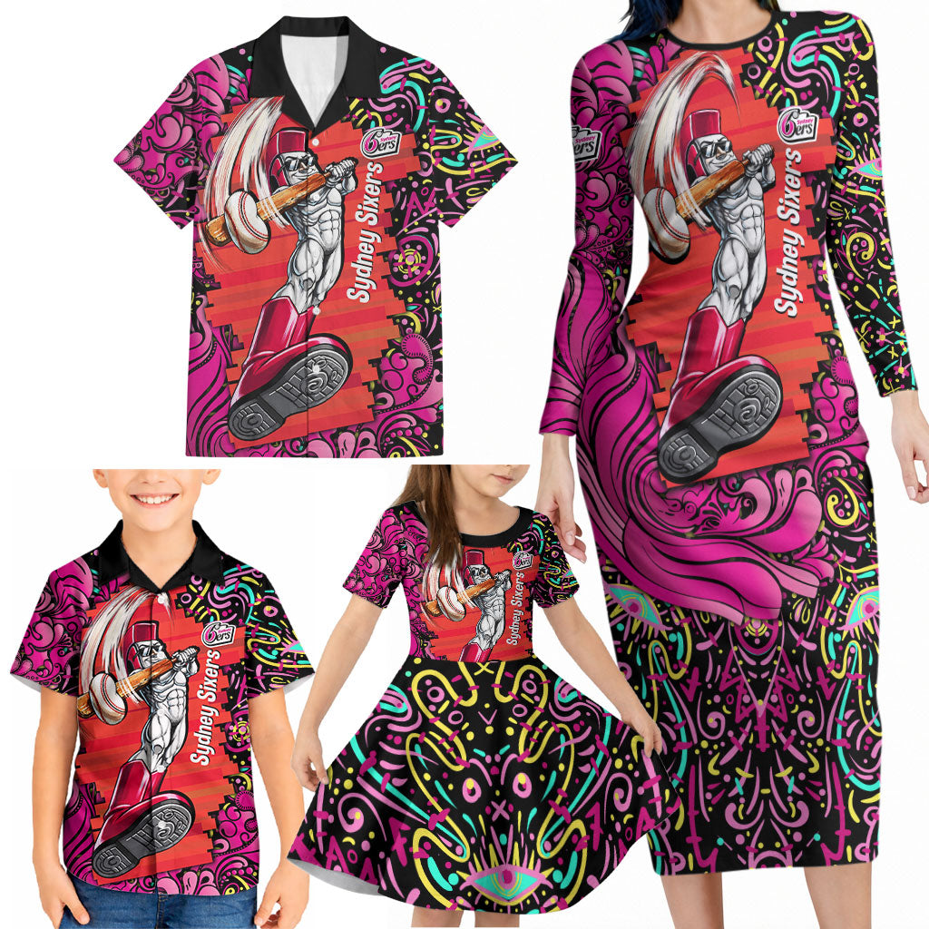 Personalized Sydney Sixers Cricket Family Matching Long Sleeve Bodycon Dress and Hawaiian Shirt Hippie Psychedelic Pattern Vibrant Mandala Art Style