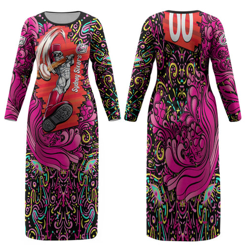 Personalized Sydney Sixers Cricket Family Matching Long Sleeve Bodycon Dress and Hawaiian Shirt Hippie Psychedelic Pattern Vibrant Mandala Art Style