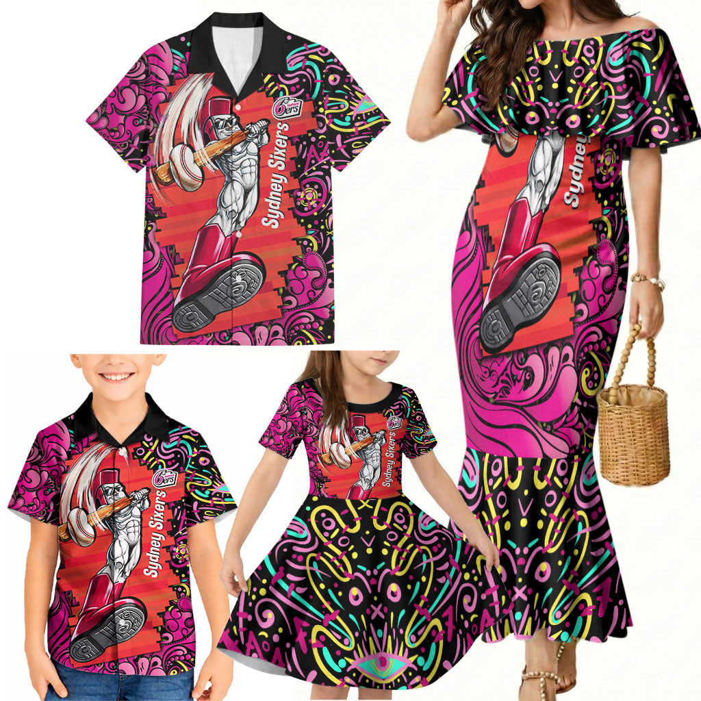 Personalized Sydney Sixers Cricket Family Matching Mermaid Dress and Hawaiian Shirt Hippie Psychedelic Pattern Vibrant Mandala Art Style