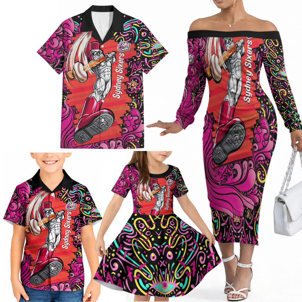 Personalized Sydney Sixers Cricket Family Matching Off The Shoulder Long Sleeve Dress and Hawaiian Shirt Hippie Psychedelic Pattern Vibrant Mandala Art Style