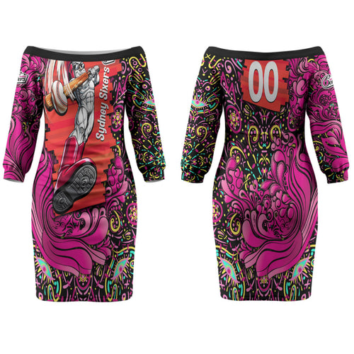 Personalized Sydney Sixers Cricket Family Matching Off The Shoulder Long Sleeve Dress and Hawaiian Shirt Hippie Psychedelic Pattern Vibrant Mandala Art Style