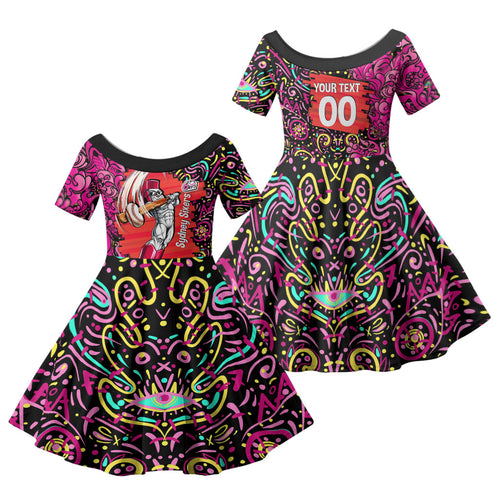 Personalized Sydney Sixers Cricket Family Matching Off The Shoulder Long Sleeve Dress and Hawaiian Shirt Hippie Psychedelic Pattern Vibrant Mandala Art Style