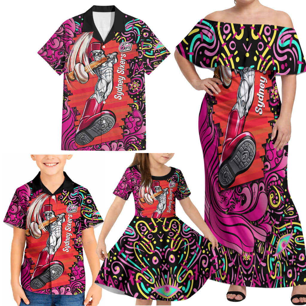 Personalized Sydney Sixers Cricket Family Matching Off Shoulder Maxi Dress and Hawaiian Shirt Hippie Psychedelic Pattern Vibrant Mandala Art Style