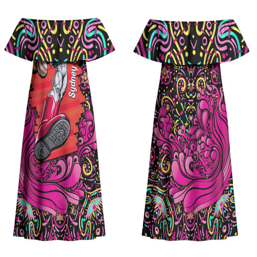Personalized Sydney Sixers Cricket Family Matching Off Shoulder Maxi Dress and Hawaiian Shirt Hippie Psychedelic Pattern Vibrant Mandala Art Style