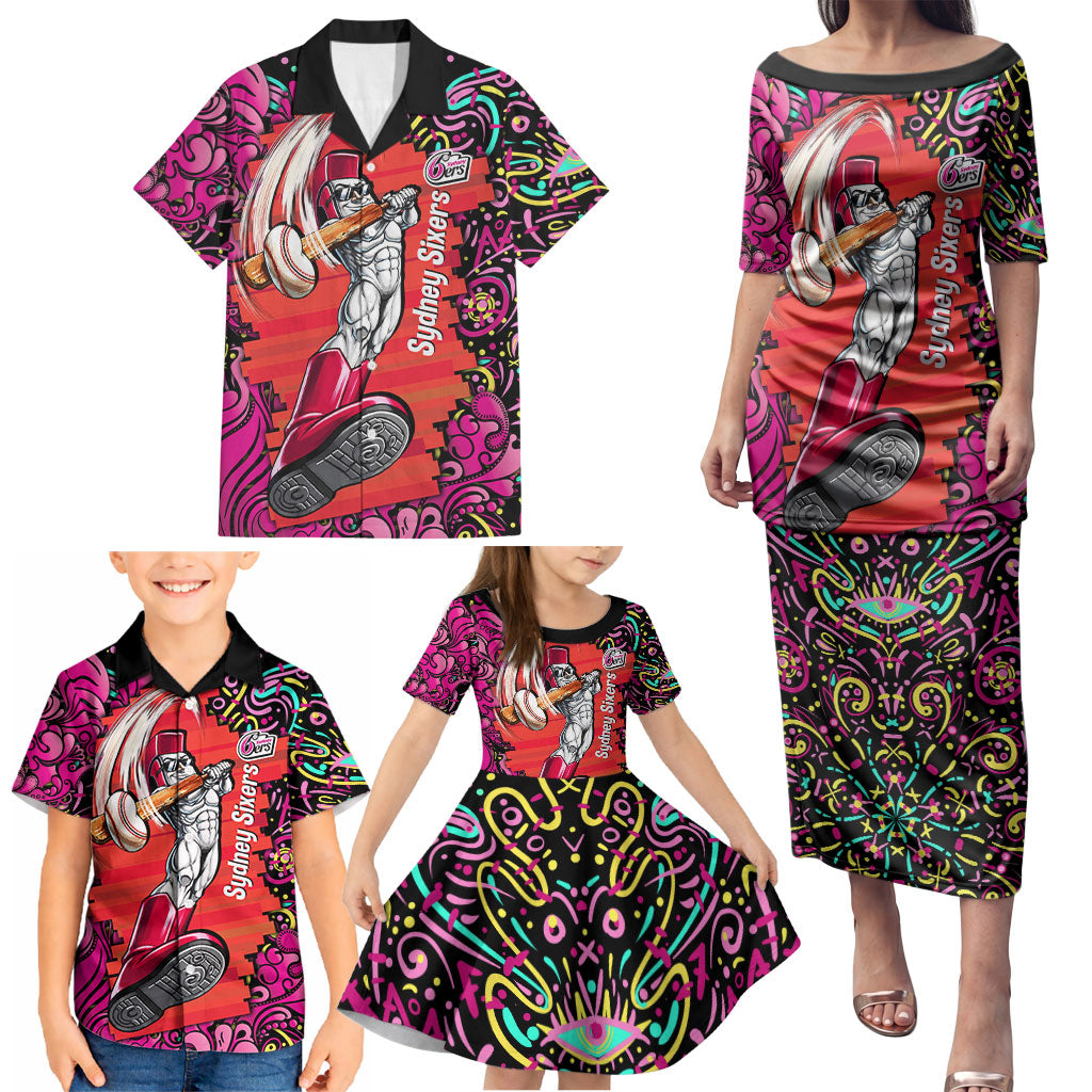 Personalized Sydney Sixers Cricket Family Matching Puletasi and Hawaiian Shirt Hippie Psychedelic Pattern Vibrant Mandala Art Style
