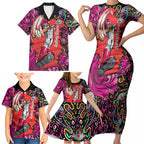 Personalized Sydney Sixers Cricket Family Matching Short Sleeve Bodycon Dress and Hawaiian Shirt Hippie Psychedelic Pattern Vibrant Mandala Art Style
