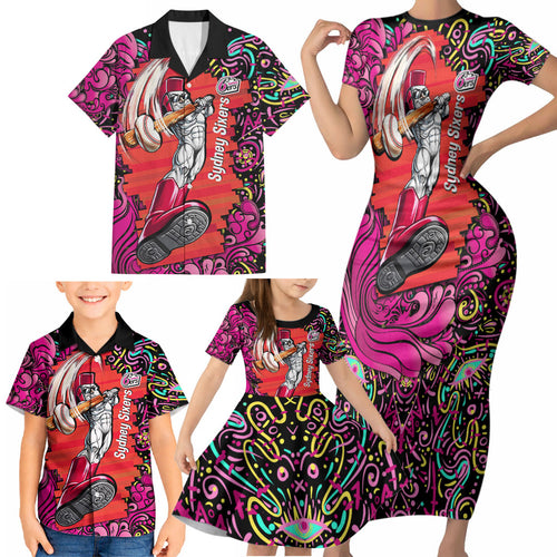 Personalized Sydney Sixers Cricket Family Matching Short Sleeve Bodycon Dress and Hawaiian Shirt Hippie Psychedelic Pattern Vibrant Mandala Art Style