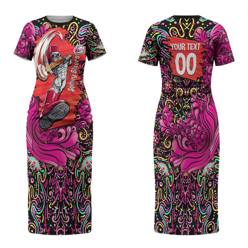 Personalized Sydney Sixers Cricket Family Matching Short Sleeve Bodycon Dress and Hawaiian Shirt Hippie Psychedelic Pattern Vibrant Mandala Art Style