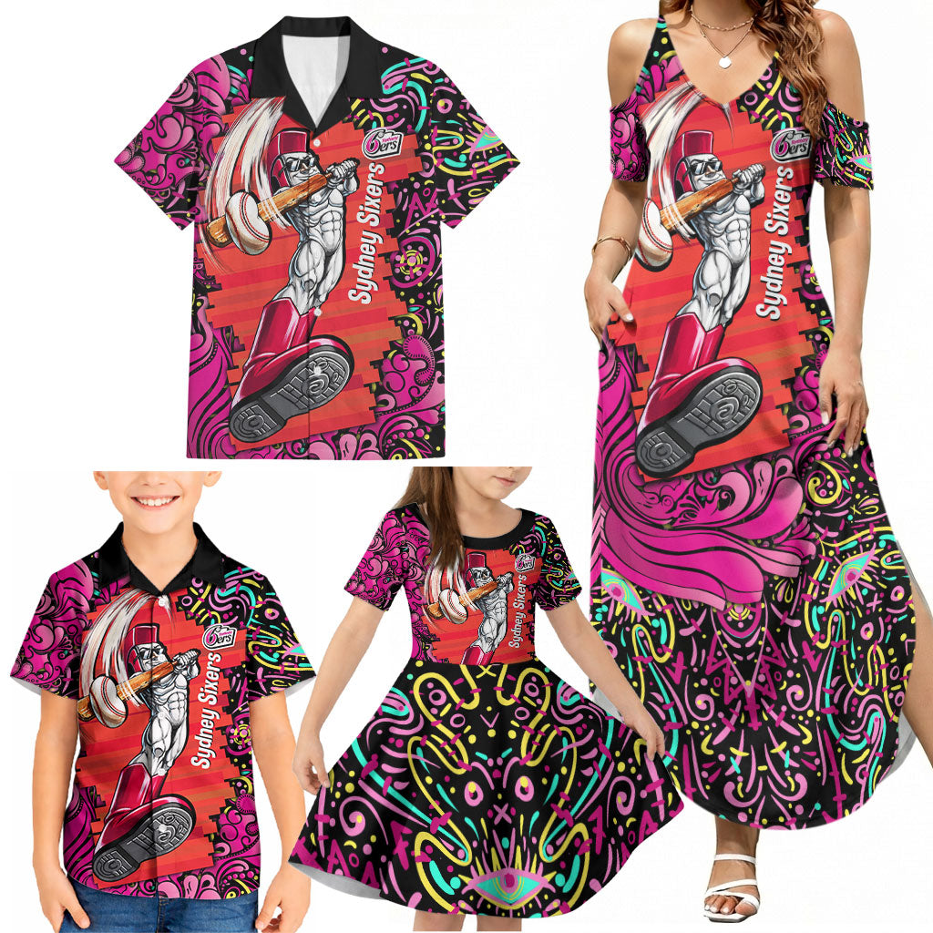 Personalized Sydney Sixers Cricket Family Matching Summer Maxi Dress and Hawaiian Shirt Hippie Psychedelic Pattern Vibrant Mandala Art Style