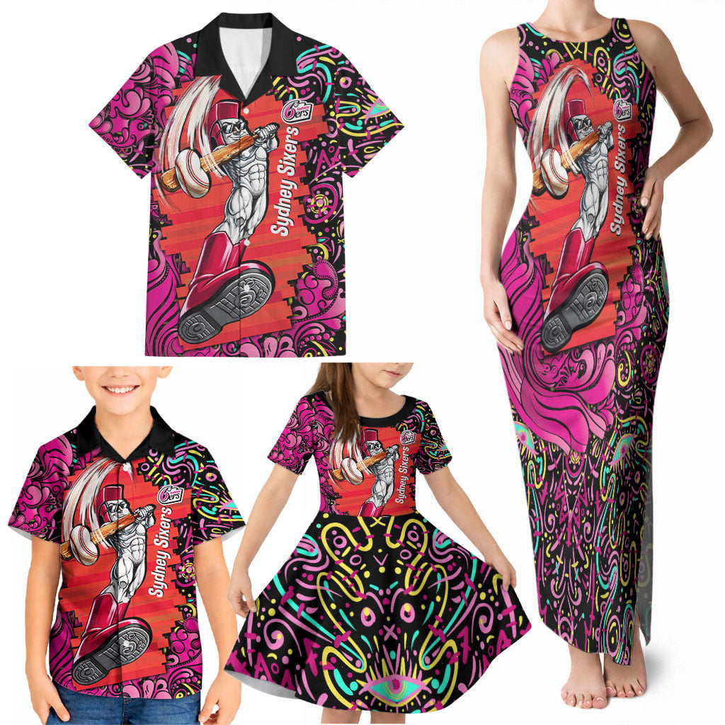 Personalized Sydney Sixers Cricket Family Matching Tank Maxi Dress and Hawaiian Shirt Hippie Psychedelic Pattern Vibrant Mandala Art Style