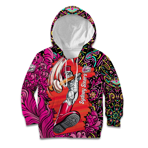 Personalized Sydney Sixers Cricket Kid Hoodie Hippie Psychedelic Pattern Vibrant Mandala Art Style