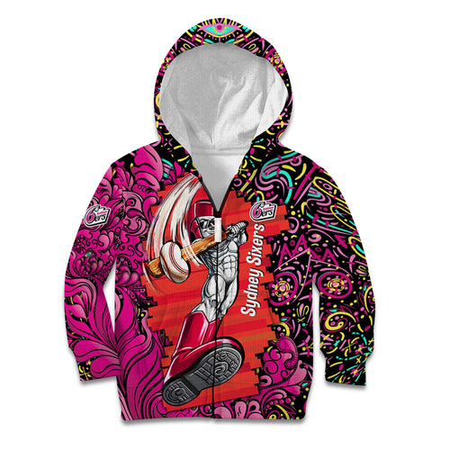 Personalized Sydney Sixers Cricket Kid Hoodie Hippie Psychedelic Pattern Vibrant Mandala Art Style
