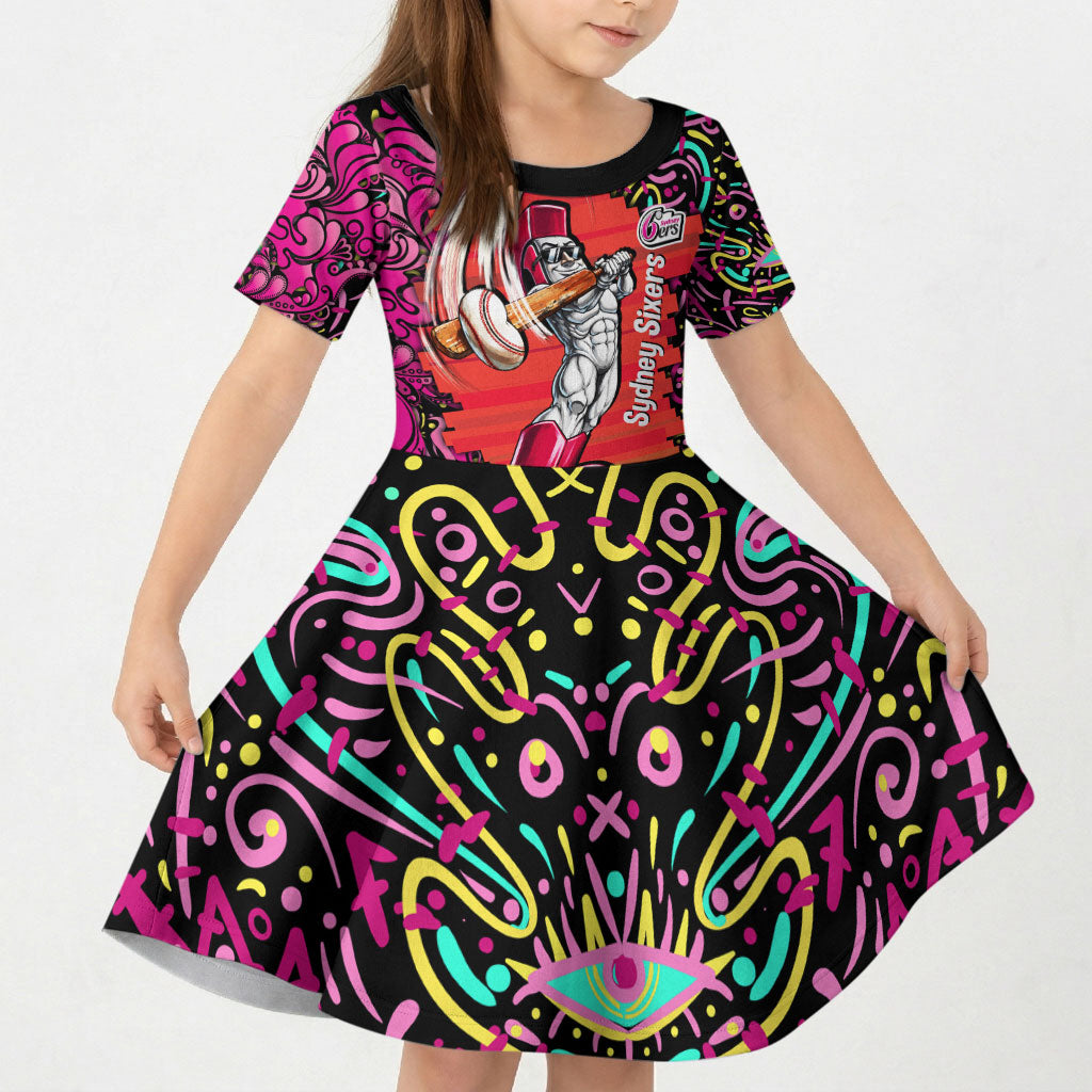 Personalized Sydney Sixers Cricket Kid Short Sleeve Dress Hippie Psychedelic Pattern Vibrant Mandala Art Style