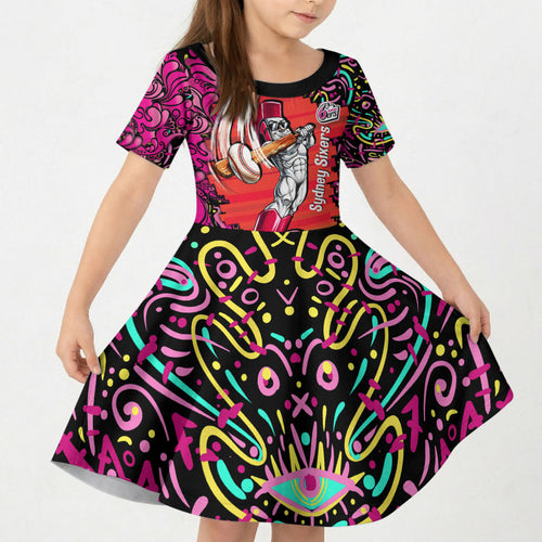 Personalized Sydney Sixers Cricket Kid Short Sleeve Dress Hippie Psychedelic Pattern Vibrant Mandala Art Style