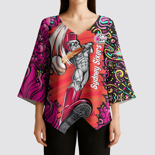 Personalized Sydney Sixers Cricket Kimono Sleeve Blouse Hippie Psychedelic Pattern Vibrant Mandala Art Style