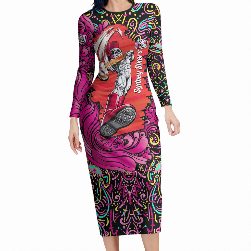 Personalized Sydney Sixers Cricket Long Sleeve Bodycon Dress Hippie Psychedelic Pattern Vibrant Mandala Art Style