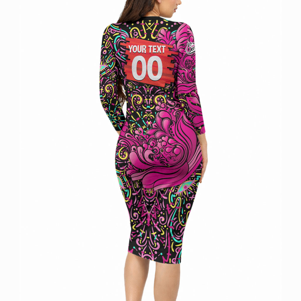 Personalized Sydney Sixers Cricket Long Sleeve Bodycon Dress Hippie Psychedelic Pattern Vibrant Mandala Art Style