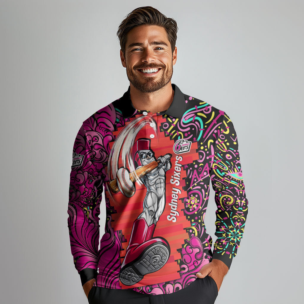 Personalized Sydney Sixers Cricket Long Sleeve Polo Shirt Hippie Psychedelic Pattern Vibrant Mandala Art Style