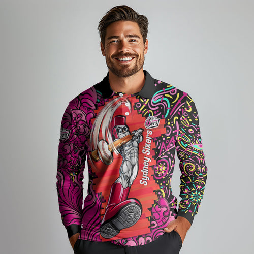 Personalized Sydney Sixers Cricket Long Sleeve Polo Shirt Hippie Psychedelic Pattern Vibrant Mandala Art Style