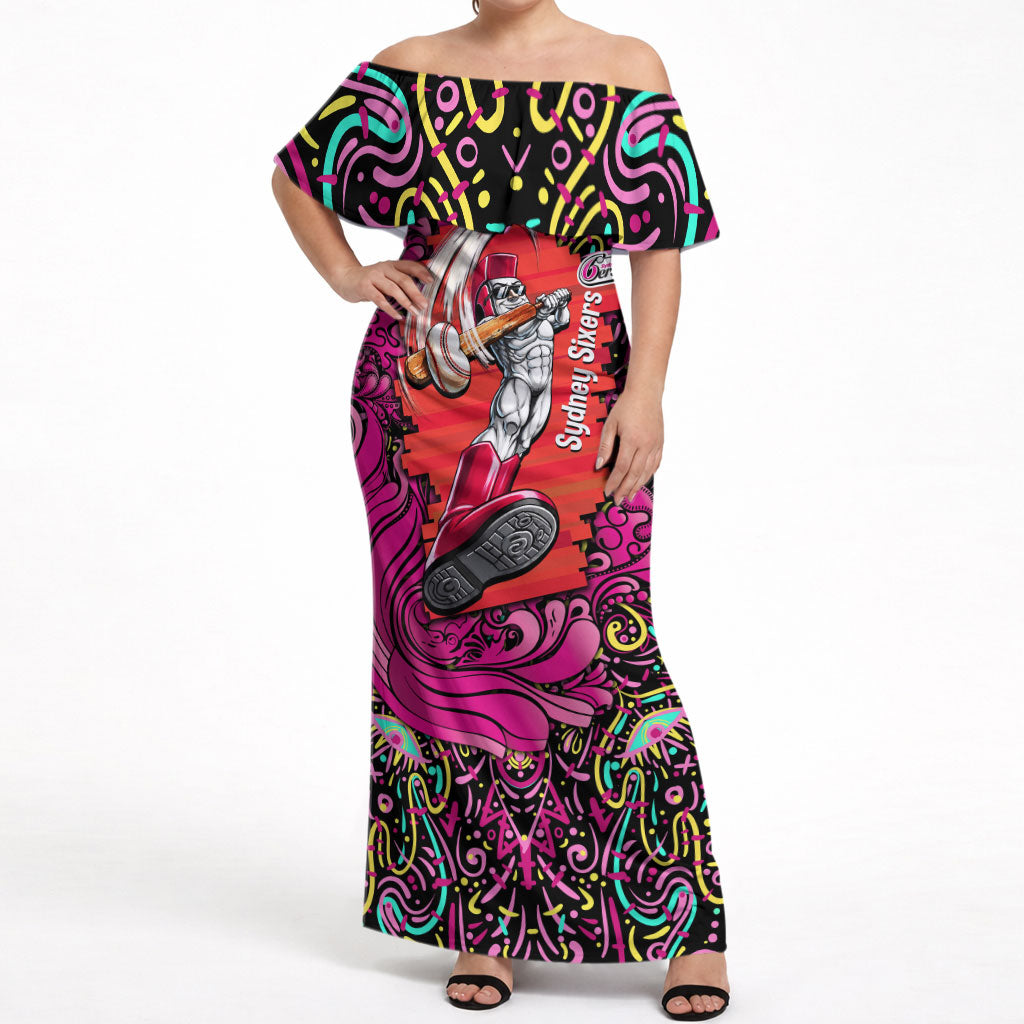 Personalized Sydney Sixers Cricket Off Shoulder Maxi Dress Hippie Psychedelic Pattern Vibrant Mandala Art Style