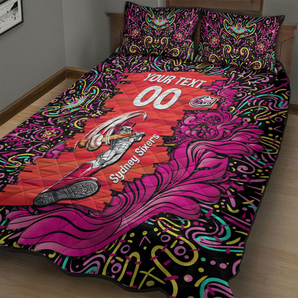 Personalized Sydney Sixers Cricket Quilt Bed Set Hippie Psychedelic Pattern Vibrant Mandala Art Style