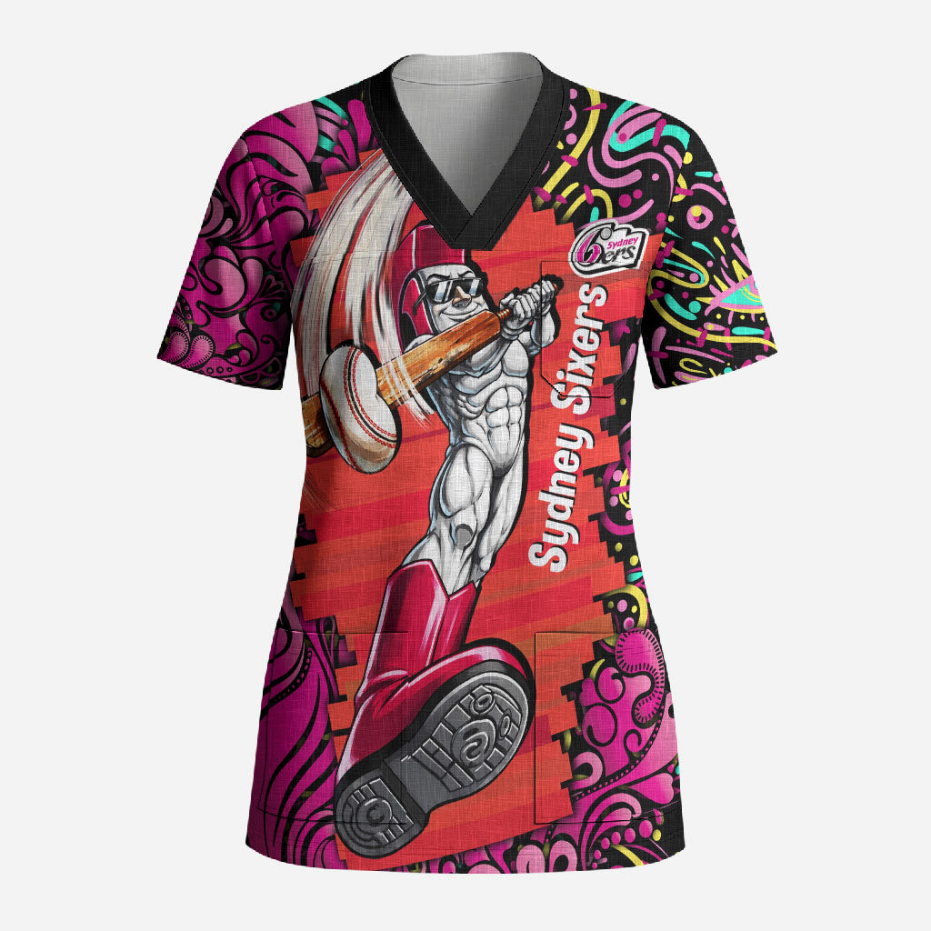 Personalized Sydney Sixers Cricket Scrub Top Hippie Psychedelic Pattern Vibrant Mandala Art Style