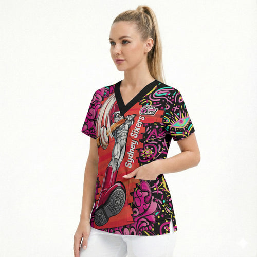 Personalized Sydney Sixers Cricket Scrub Top Hippie Psychedelic Pattern Vibrant Mandala Art Style