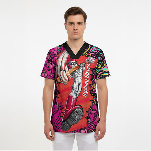 Personalized Sydney Sixers Cricket Scrub Top Hippie Psychedelic Pattern Vibrant Mandala Art Style
