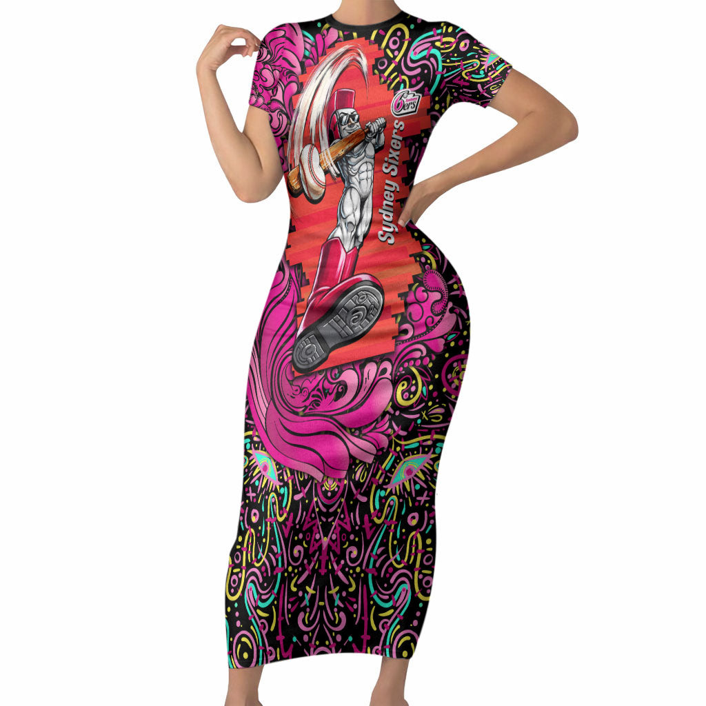Personalized Sydney Sixers Cricket Short Sleeve Bodycon Dress Hippie Psychedelic Pattern Vibrant Mandala Art Style