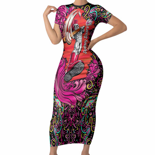 Personalized Sydney Sixers Cricket Short Sleeve Bodycon Dress Hippie Psychedelic Pattern Vibrant Mandala Art Style