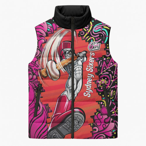 Personalized Sydney Sixers Cricket Sleeveless Puffer Jacket Hippie Psychedelic Pattern Vibrant Mandala Art Style