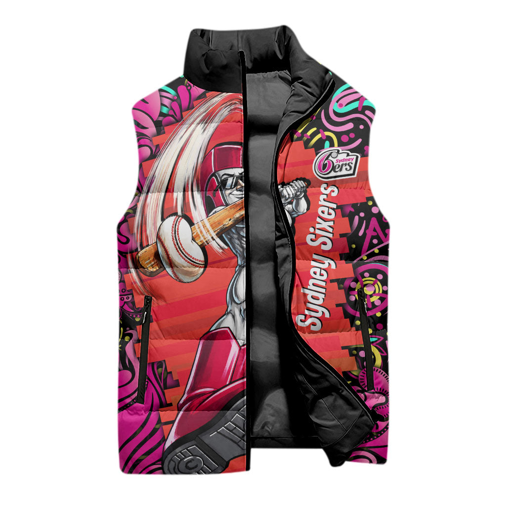 Personalized Sydney Sixers Cricket Sleeveless Puffer Jacket Hippie Psychedelic Pattern Vibrant Mandala Art Style