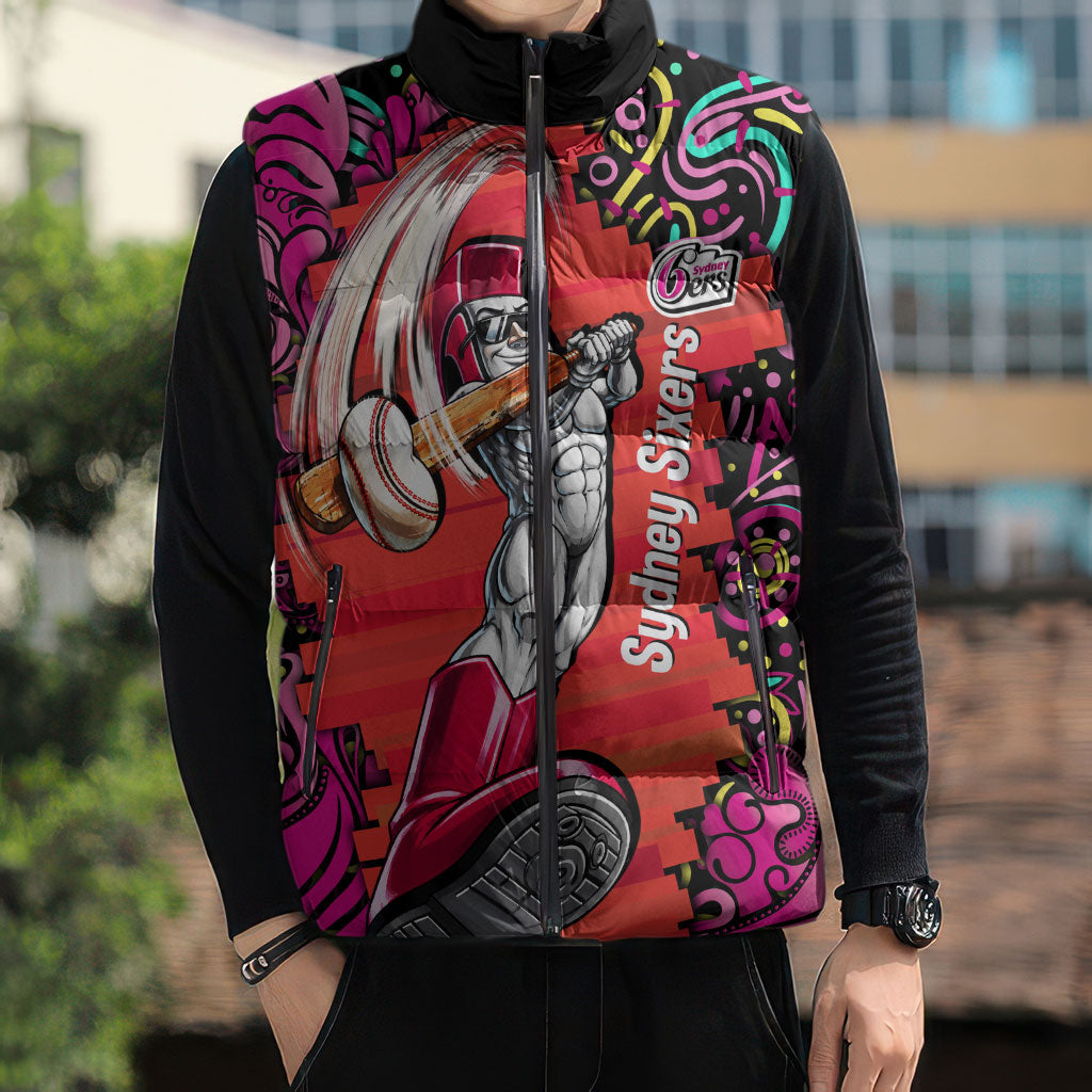 Personalized Sydney Sixers Cricket Sleeveless Puffer Jacket Hippie Psychedelic Pattern Vibrant Mandala Art Style