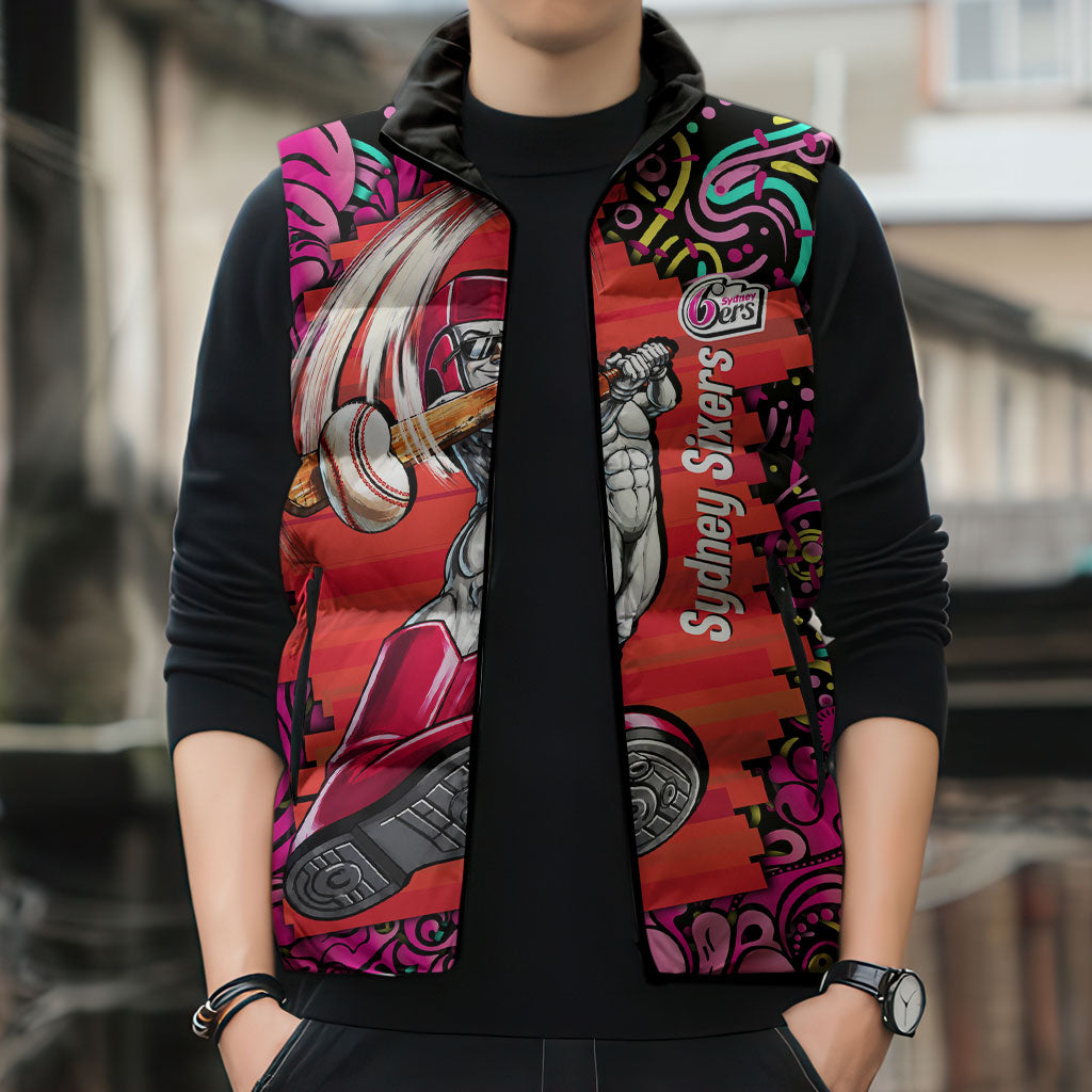 Personalized Sydney Sixers Cricket Sleeveless Puffer Jacket Hippie Psychedelic Pattern Vibrant Mandala Art Style