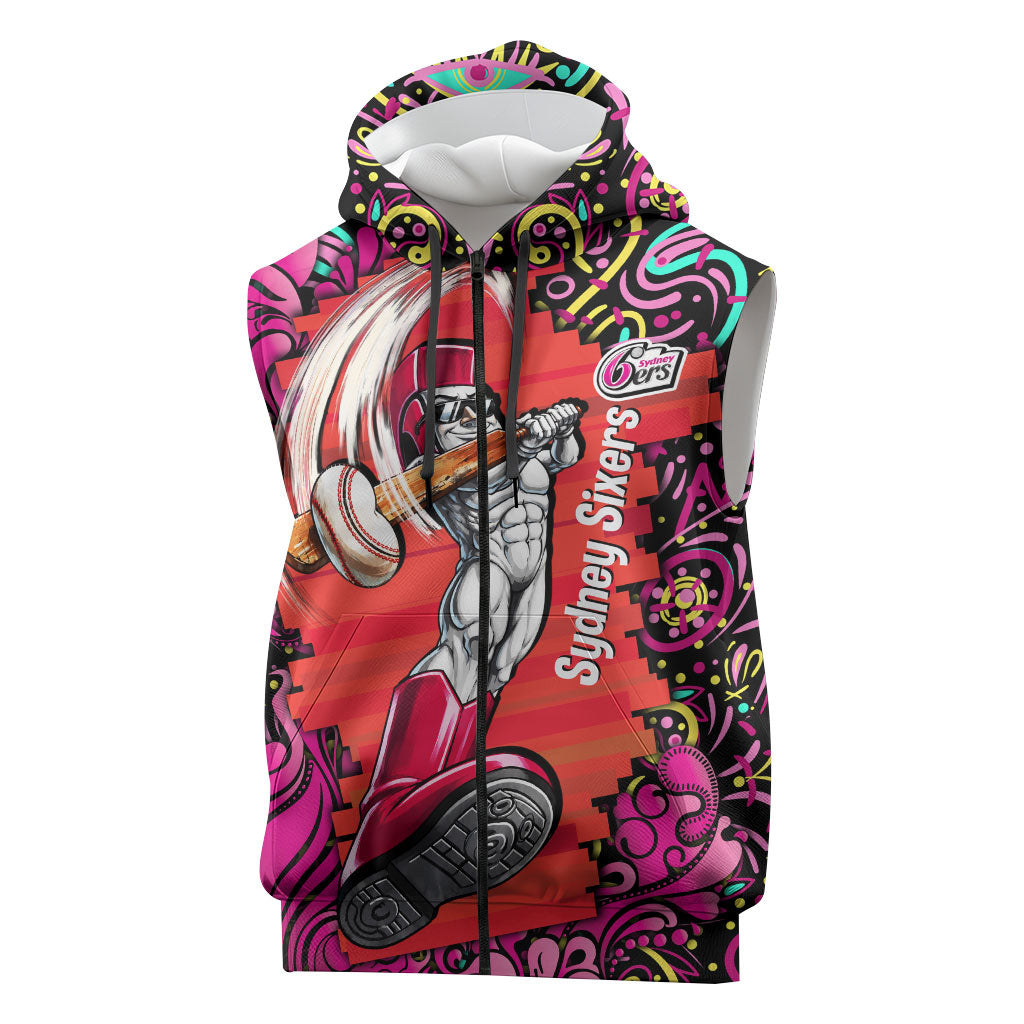 Personalized Sydney Sixers Cricket Sleeveless Zip Hoodie Hippie Psychedelic Pattern Vibrant Mandala Art Style