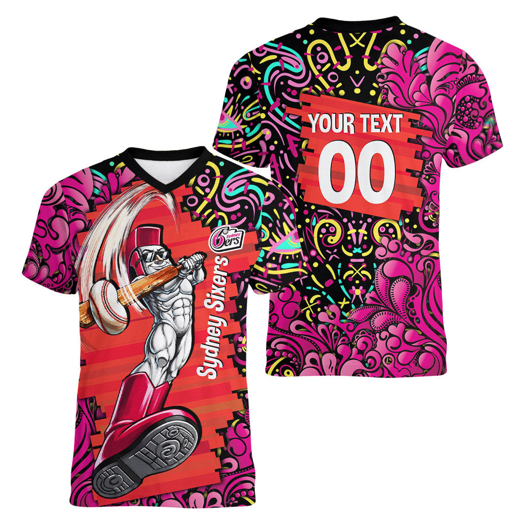 Personalized Sydney Sixers Cricket Women V-Neck T-Shirt Hippie Psychedelic Pattern Vibrant Mandala Art Style