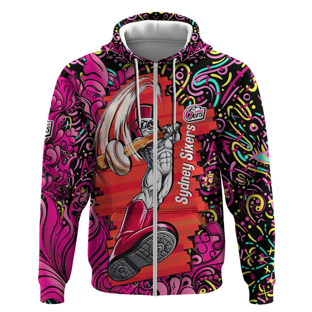 Personalized Sydney Sixers Cricket Zip Hoodie Hippie Psychedelic Pattern Vibrant Mandala Art Style