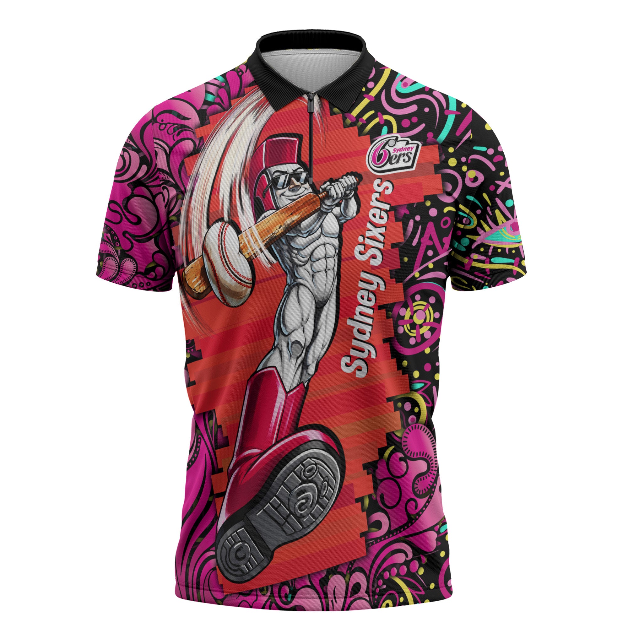 Personalized Sydney Sixers Cricket Zipper Polo Shirt Hippie Psychedelic Pattern Vibrant Mandala Art Style